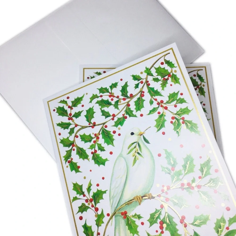 Caspari Peace Dove with Holly Stationery Set - White and Green with Red Berries